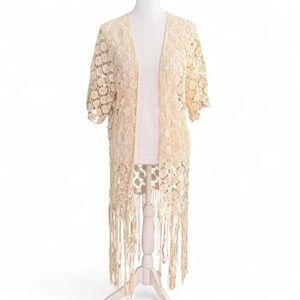 Cream Crochet Fringe Kimono